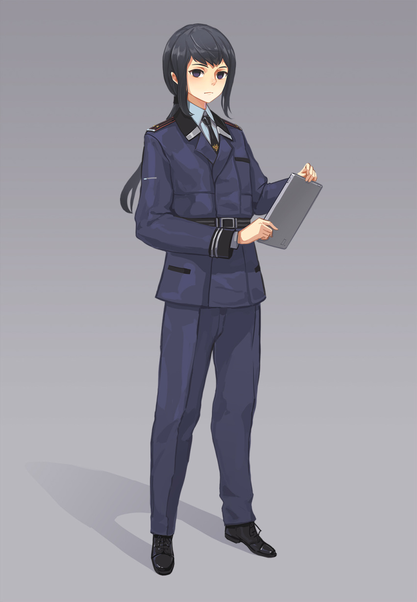 1other ambiguous_gender black_eyes black_hair commander_(girls_frontline) empty_eyes expressionless full_body girls_frontline highres long_hair looking_at_viewer military military_uniform necktie shadow sima_naoteng simple_background solo standing tablet_pc uniform