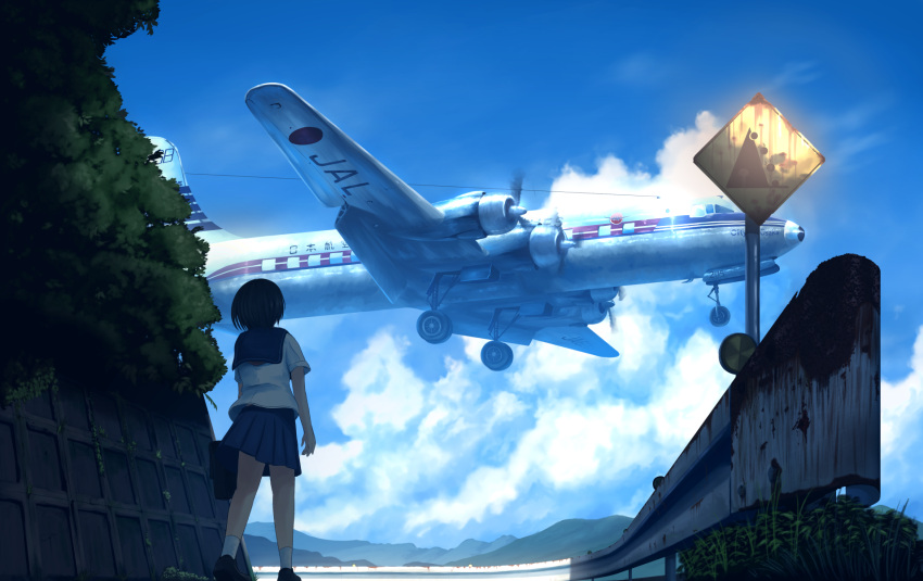 1girl 99_(hosinosensei) aircraft airplane bag blurry clouds commentary dc-6 depth_of_field from_below highres hill japan_airlines looking_up original propeller railing rising_sun road rural rust school_bag school_uniform serafuku short_hair sign sky sunburst walking