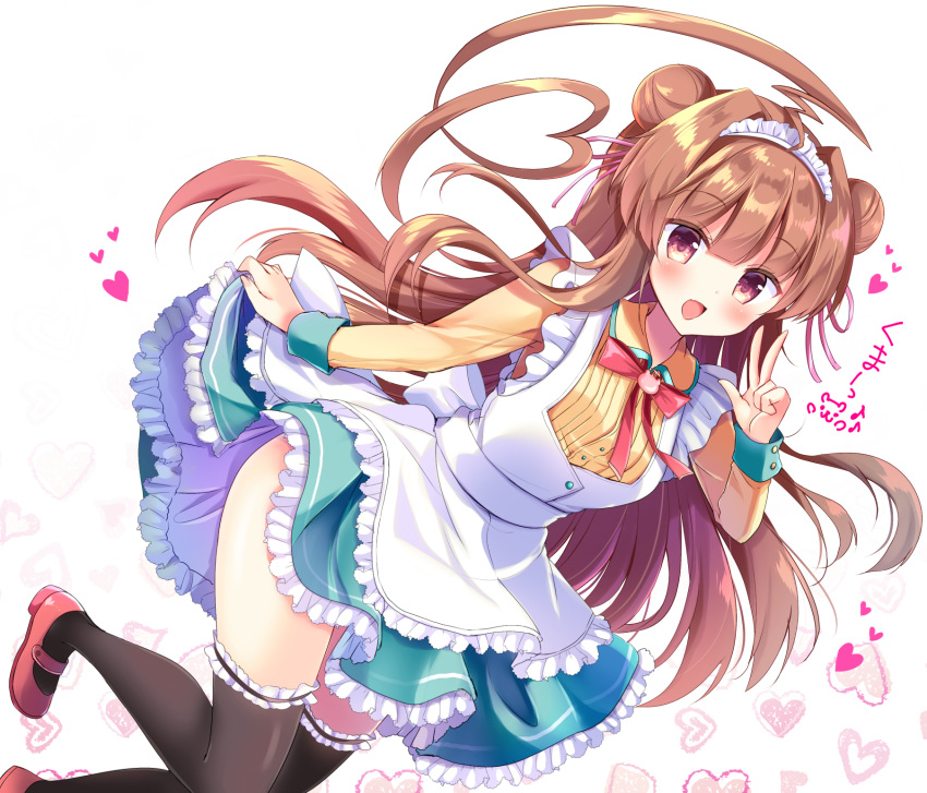 1girl ahoge alternate_costume apron bangs black_legwear blush breasts brown_eyes brown_hair commentary_request double_bun dress eyebrows_visible_through_hair frilled_legwear frills hair_between_eyes heart heart_print highres huge_ahoge kantai_collection kuma_(kantai_collection) lifted_by_self long_hair long_sleeves looking_at_viewer maid maid_apron maid_headdress masayo_(gin_no_ame) medium_breasts open_mouth shoes simple_background skirt skirt_lift smile solo standing thigh-highs v victorian_maid