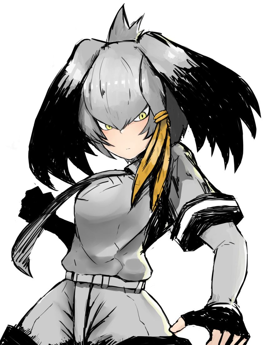 :| arm_at_side bangs belt bird black_gloves black_hair breast_pocket charinkoman clenched_hand closed_mouth collared_shirt expressionless fingerless_gloves gloves grey_hair grey_neckwear grey_shirt grey_shorts hair_between_eyes hand_up highres incoming_punch kemono_friends long_hair long_sleeves looking_at_viewer low_ponytail multicolored_hair necktie orange_hair pocket shirt shoebill shoebill_(kemono_friends) short_over_long_sleeves short_sleeves shorts side_ponytail simple_background twisted_torso upper_body white_background yellow_eyes