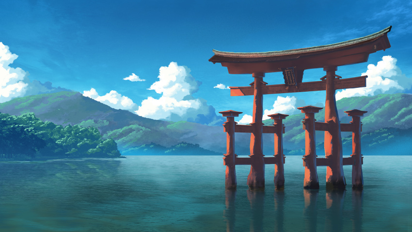 badriel blue_sky clouds forest highres itsukushima_shrine mountain nature no_humans original real_world_location reflection scenery sky torii water