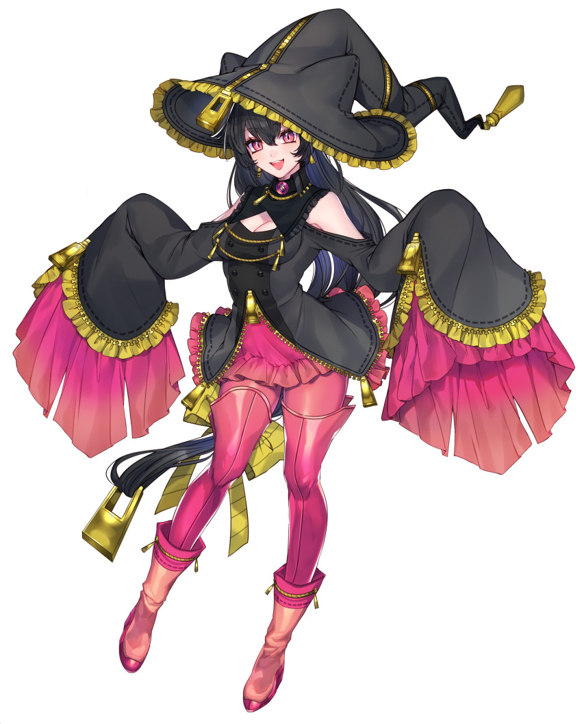 1girl absurdres bangs black_hair boots breasts cleavage creatures_(company) detached_sleeves earrings eyebrows_visible_through_hair frilled_sleeves frills full_body game_freak hat highres jewelry katagiri_hachigou long_hair long_sleeves medium_breasts mega_banette nintendo open_mouth pantyhose personification pink_eyes pink_skirt pleated_skirt pokemon shiny shiny_clothes shiny_skin simple_background skirt smile solo standing thigh-highs very_long_hair white_background wide_sleeves witch_hat zipper zipper_pull_tab