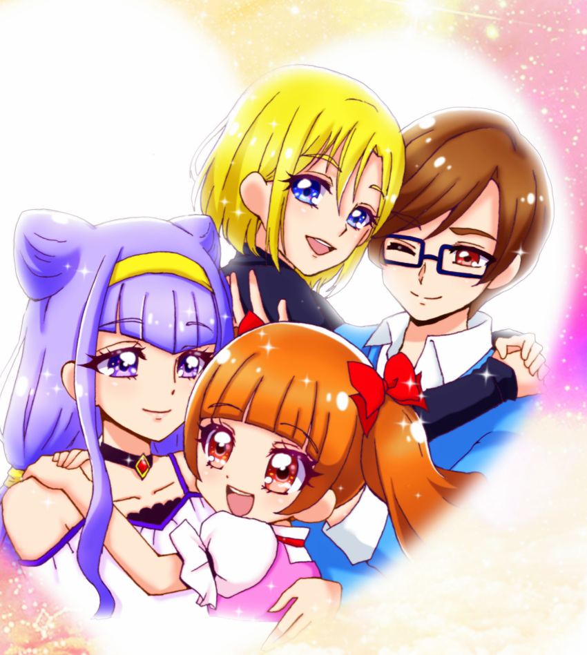 2boys 2girls ;) aisaki_emiru aisaki_masato blonde_hair blue_eyes bow brown_hair couple glasses hair_bow hairband highres hug hugtto!_precure multiple_boys multiple_girls one_eye_closed orange_hair precure purple_hair rectangular_eyewear red_bow reira_(reomimi0211) ruru_amour smile twintails wakamiya_henri yaoi yuri