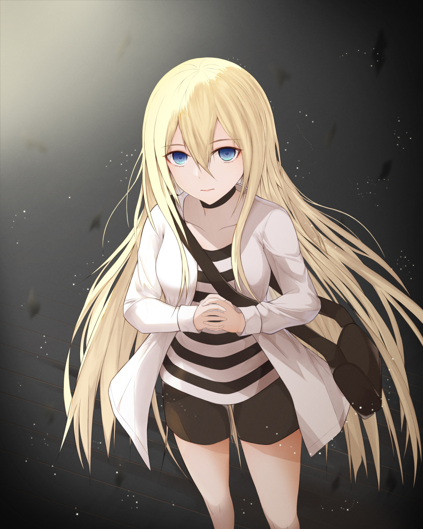 1girl absurdres black_bag black_shorts blonde_hair blue_eyes collarbone eyebrows_visible_through_hair fakegeo floating_hair hair_between_eyes hands_clasped highres indoors jacket long_hair looking_at_viewer open_clothes open_jacket own_hands_together rachel_gardner satsuriku_no_tenshi shirt short_shorts shorts solo standing striped striped_shirt very_long_hair white_jacket wooden_floor