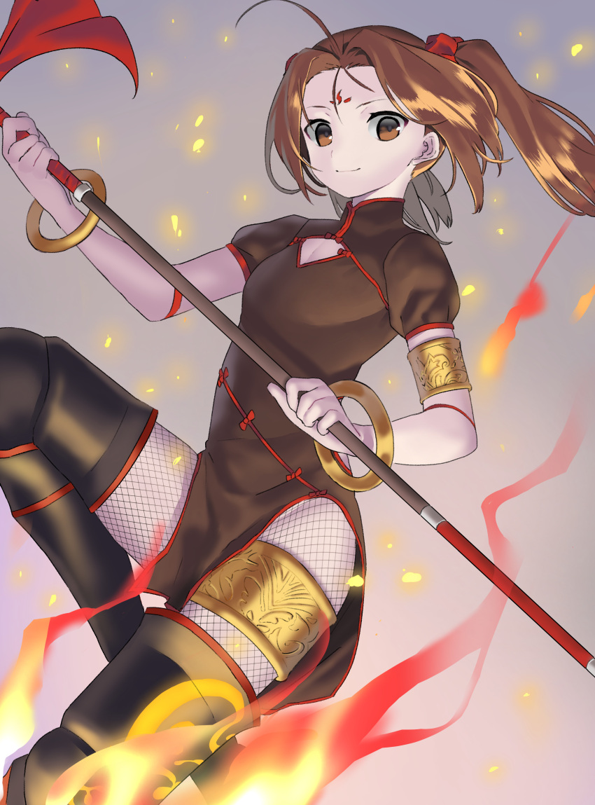 1girl absurdres ahoge boots brown_eyes brown_hair china_dress chinese_clothes dress facial_mark fate/grand_order fate_(series) fire fishnet_pantyhose fishnets flying forehead_mark highres kaerude123 nezha_(fate/grand_order) pantyhose polearm scrunchie smile spear thigh-highs thigh_boots twintails weapon