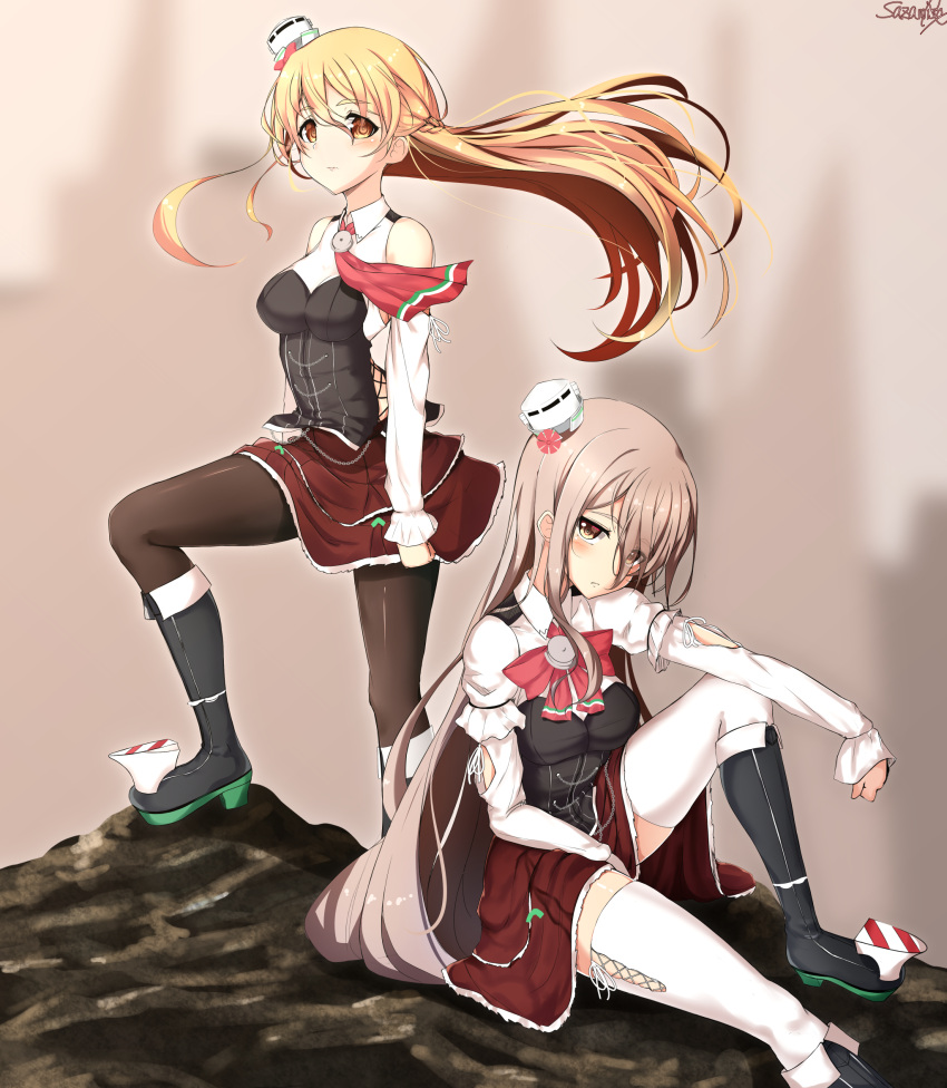 2girls bare_shoulders black_footwear black_legwear blonde_hair blush boots braid breasts brown_eyes brown_legwear closed_mouth corset french_braid gradient gradient_background grey_hair gundam gundam_wing hair_between_eyes hat highres kantai_collection light_brown_hair long_hair medium_breasts mini_hat miniskirt multiple_girls pantyhose parody pola_(kantai_collection) red_skirt remodel_(kantai_collection) sazamiso_rx shirt side_braid sitting skirt standing thigh-highs wavy_hair white_shirt zara_(kantai_collection)