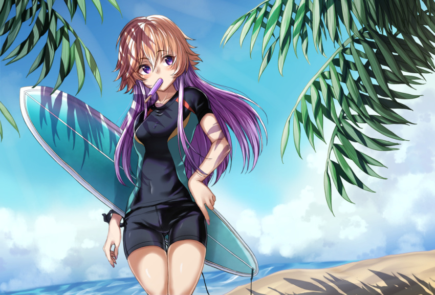 1girl beach black_shorts blue_sky bracelet breasts brown_hair clouds covered_navel day eyebrows_visible_through_hair floating_hair food hair_between_eyes hand_on_hip idolmaster idolmaster_cinderella_girls jewelry long_hair medium_breasts morino_shoutarou mouth_hold multicolored_hair ninomiya_asuka ocean outdoors popsicle purple_hair short_hair short_shorts shorts sky solo standing transparent two-tone_hair very_long_hair violet_eyes wetsuit