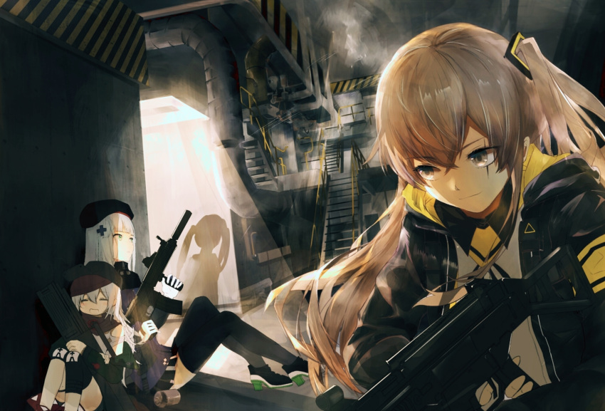 404_(girls_frontline) 4girls armband assault_rifle bangs beret black_hat black_jacket black_legwear black_ribbon black_shorts black_skirt brown_eyes brown_hair closed_mouth coat crossed_bangs eyebrows_visible_through_hair g11 g11_(girls_frontline) girls_frontline gloves green_eyes green_hat green_jacket grey_hair gun h&amp;k_ump h&amp;k_ump45 hair_between_eyes hair_ornament hairclip hat heckler_&amp;_koch highres hk416 hk416_(girls_frontline) holding holding_gun holding_weapon hood hood_down hooded_jacket jacket knee_pads leaning_on_person lizi-shi long_hair looking_at_another looking_at_viewer magazine_(weapon) messy_hair multiple_girls one_side_up open_clothes open_coat open_jacket pantyhose plaid plaid_skirt ribbon rifle scar scar_across_eye scarf_on_head shirt shorts shoulder_cutout silver_hair sitting skirt smile submachine_gun thigh-highs ump45_(girls_frontline) ump9_(girls_frontline) weapon white_shirt zettai_ryouiki