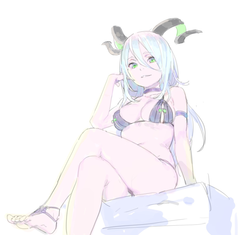 1girl absurdres barefoot bikini black_bikini blue_hair breasts choker commentary_request curled_horns green_eyes hair_between_eyes hand_up highres horns legs_crossed long_hair looking_at_viewer medium_breasts nagisa_kurousagi navel original purple_choker simple_background sitting smile solo swimsuit white_background