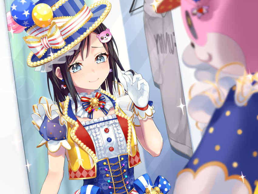 2girls balloon bang_dream! bangs black_hair blue_eyes blue_hat blurry_foreground blush center_frills character_hair_ornament commentary_request corset cross-laced_clothes earrings fireworks frilled_shirt_collar frills gen_(gen_m_gen) gloves hair_ornament hat hat_ribbon highres hood hoodie hoodie_removed jewelry michelle_(bang_dream!) multiple_girls okusawa_misaki playing_with_own_hair ribbon short_hair short_sleeves smile sparkler striped striped_ribbon striped_vest top_hat upper_body vertical-striped_hat vest white_gloves white_ribbon