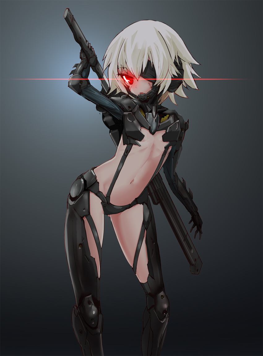 1girl cosplay cyborg drawing_sword eyepatch fate/grand_order fate_(series) glowing glowing_eye gradient gradient_background highres inawata jack_the_ripper_(fate/apocrypha) mechanical_parts metal_gear_(series) metal_gear_rising:_revengeance namesake navel raiden raiden_(cosplay) scar sheath short_hair solo sword weapon white_hair