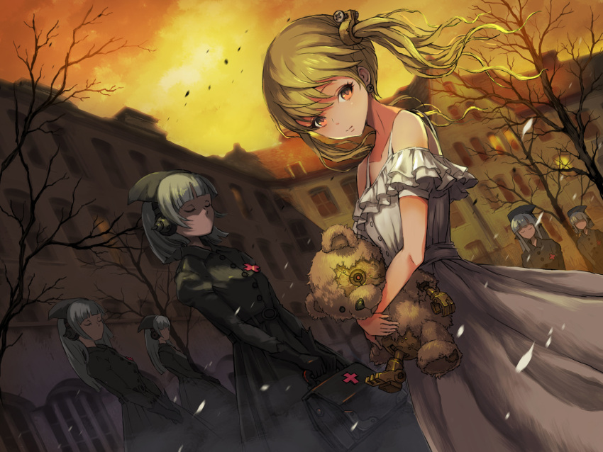 1girl 6+girls autumn bag bare_tree belt black_gloves blonde_hair city closed_eyes clouds commentary dress dutch_angle earrings gloves hat headset highres holding holding_bag jewelry leaf long_hair looking_to_the_side multiple_girls nurse nurse_cap original platinum_blonde_hair robot short_hair skirt skirt_set sky sleeveless sleeveless_dress stuffed_animal stuffed_toy sunset teddy_bear tree twintails ume_(illegal_bible) white_dress wind