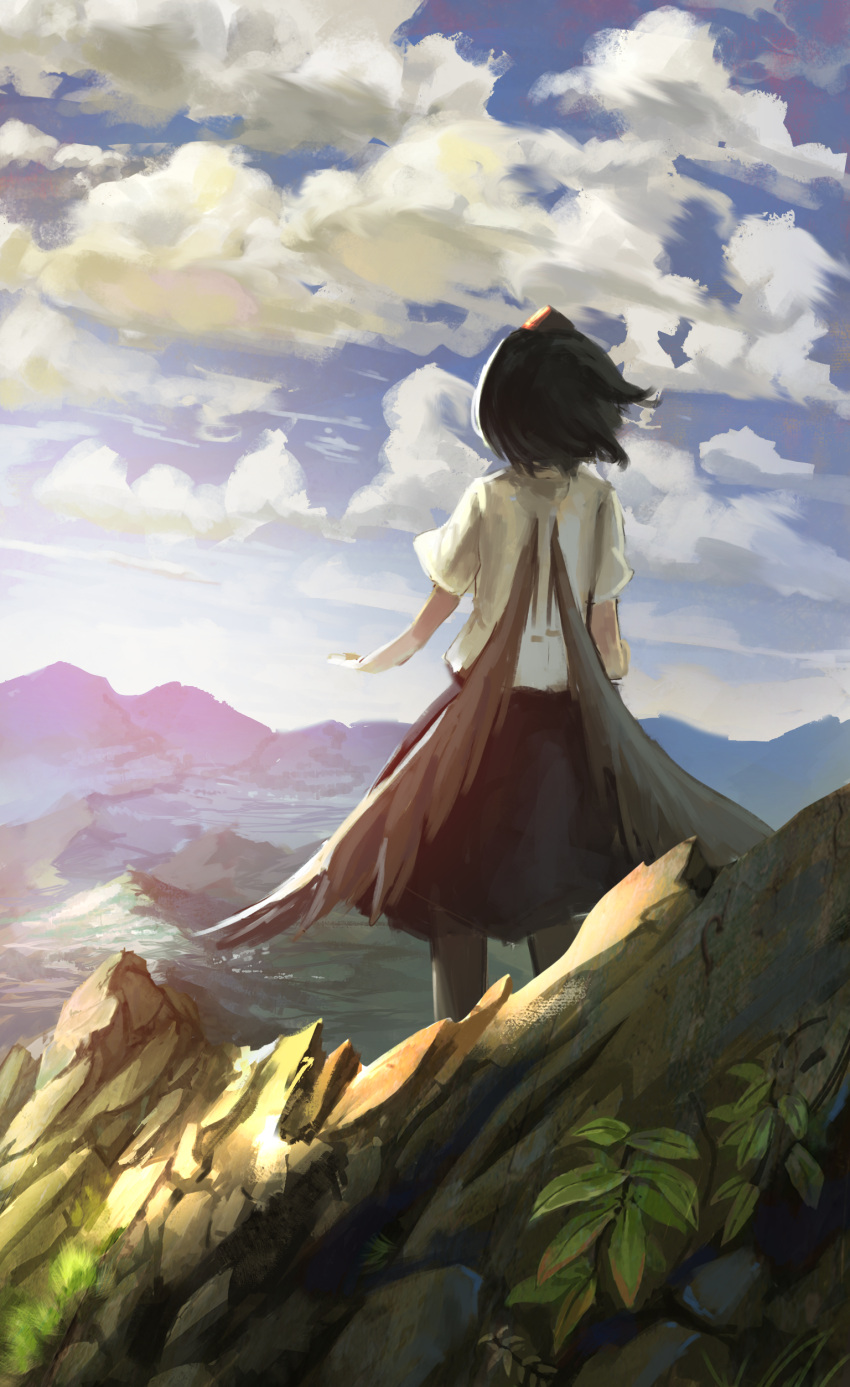 1girl absurdres arms_up bird_wings black_hair black_legwear black_skirt blue_sky clouds cowboy_shot day facing_away feathered_wings fjsmu from_behind grass hair_blowing hat highres leaf mountain mountainous_horizon outdoors pantyhose puffy_short_sleeves puffy_sleeves scenery shameimaru_aya shirt short_hair short_sleeves skirt sky solo standing tokin_hat touhou valley white_shirt wings