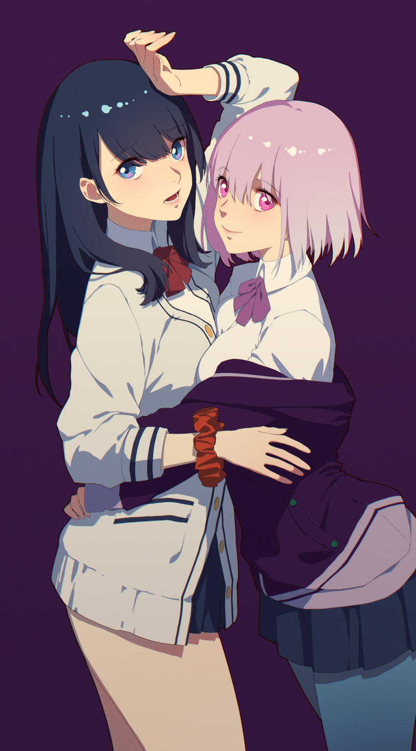 2girls absurdres arms_around_waist black_hair blue_eyes breasts collared_shirt daye_bie_qia_lian eyebrows_visible_through_hair hand_on_own_head highres hug large_breasts lavender_hair long_hair long_sleeves looking_at_viewer looking_to_the_side miniskirt multiple_girls necktie open_mouth pantyhose pleated_skirt purple_background purple_cardigan purple_neckwear red_eyes red_neckwear red_scrunchie scrunchie shinjou_akane shirt short_hair sidelocks simple_background skirt small_breasts smile ssss.gridman takarada_rikka violet_eyes white_cardigan