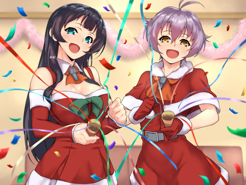 2girls :d agano_(kantai_collection) antenna_hair bangs bare_shoulders belt black_hair blue_eyes bow breasts celebration christmas cleavage commission confetti cosplay detached_collar detached_sleeves dress fur_trim garland_(decoration) gloves green_bow hair_between_eyes kantai_collection kumano_(kantai_collection) kumano_(kantai_collection)_(cosplay) large_breasts long_hair looking_at_viewer multiple_girls open_mouth purple_hair red_dress red_gloves sakawa_(kantai_collection) santa_costume shingyo short_dress short_hair smile suzuya_(kantai_collection) suzuya_(kantai_collection)_(cosplay) yellow_eyes