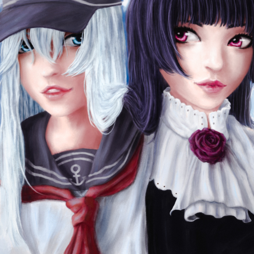 2girls anchor_symbol bangs black_hair blackreven blue_eyes blue_hair flat_cap flower gokou_ruri gothic_lolita hair_between_eyes hat hibiki_(kantai_collection) hime_cut kantai_collection lolita_fashion long_hair multiple_girls open_eyes ore_no_imouto_ga_konna_ni_kawaii_wake_ga_nai outdoors rose violet_eyes