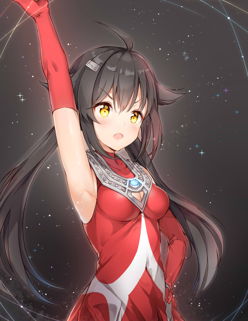1girl :o absurdres ahoge arm_up armpits bangs bare_shoulders black_background black_hair blush breasts cleavage cleavage_cutout covered_collarbone covered_navel dress elbow_gloves eyebrows_visible_through_hair gem gloves hair_between_eyes hair_flaps hair_ornament hairclip hand_on_hip highres humanization light_particles long_hair looking_away medium_breasts open_mouth outstretched_arm red_dress red_gloves shiny shiny_hair sidelocks sleeveless sleeveless_dress solo sparkle standing taro_(ultrataro) turtleneck twintails ultraman_tarou ultraman_tarou_(series) v-shaped_eyebrows yellow_eyes