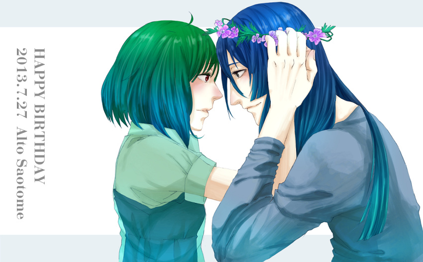 1boy 1girl 6y_u_th0 ahoge alternate_costume alternate_hairstyle bangs blue_hair character_name couple dated eye_contact eyelashes from_side green_hair hair_down hand_holding happy_birthday head_wreath hetero long_hair looking_at_another macross macross_frontier ranka_lee red_eyes saotome_alto short_hair smile