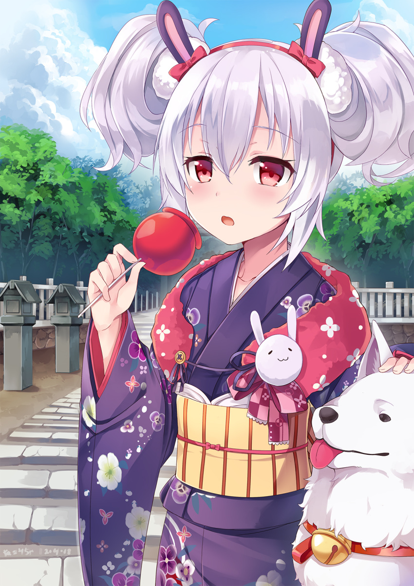 1girl animal animal_ears azur_lane bangs blue_sky blush bow candy_apple closed_mouth clouds cloudy_sky commentary_request day dog eyebrows_visible_through_hair fingernails floral_print food hair_between_eyes hairband hand_on_another's_head highres holding holding_food japanese_clothes juliet_sleeves kimono laffey_(azur_lane) long_sleeves looking_at_viewer nekomicha obi open_mouth outdoors print_kimono puffy_sleeves purple_kimono rabbit_ears red_bow red_eyes red_hairband samoyed_(dog) sash sidelocks silver_hair sky solo tongue tongue_out twintails wide_sleeves