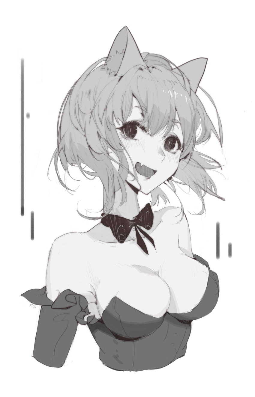 1girl :d absurdres animal_ears bangs bare_shoulders blush bow bowtie breasts cat_ears cropped_torso elbow_gloves fang gloves greyscale highres kuroduki_(pieat) leotard looking_at_viewer medium_breasts monochrome open_mouth original short_hair smile solo upper_body