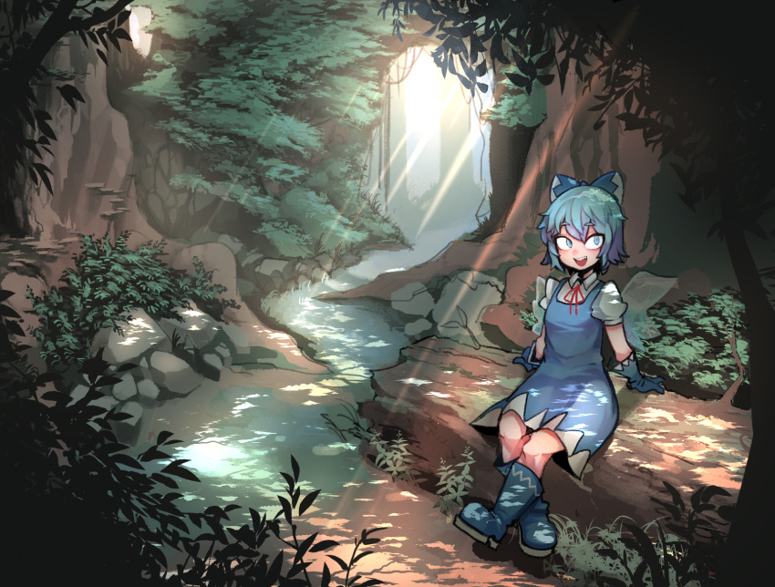 1girl blue_eyes blue_footwear blue_hair boots bow cirno dress forest gloves hair_bow highres looking_to_the_side nature outdoors pigeoncrow sunlight touhou tree wings
