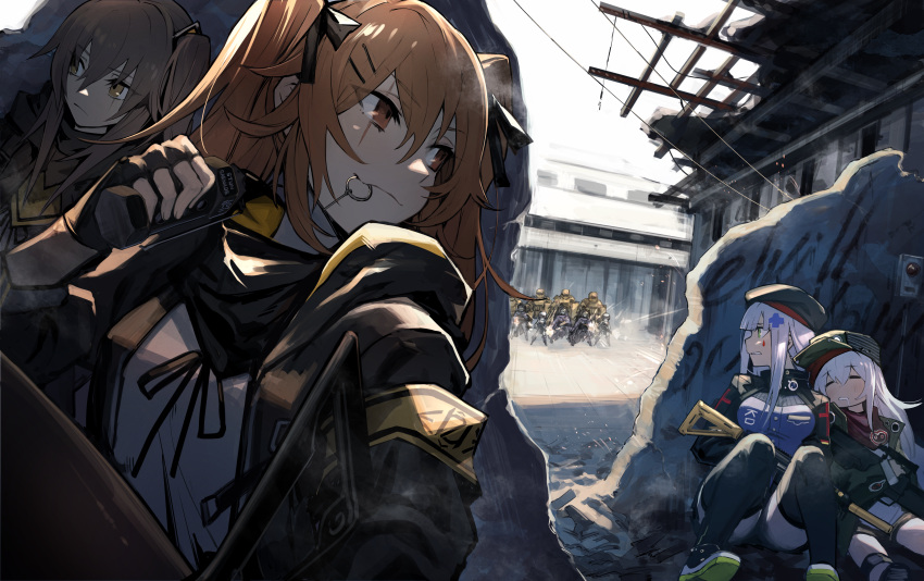 404_(girls_frontline) 4girls :3 =_= absurdres assault_rifle bangs beret black_gloves black_hat black_jacket black_legwear black_ribbon black_skirt blush breasts brown_eyes brown_hair clenched_teeth closed_eyes closed_mouth commentary_request day drooling dutch_angle eyebrows_visible_through_hair facial_mark fingerless_gloves firing flashbang g11 g11_(girls_frontline) girls_frontline gloves green_eyes grey_hair gun hair_between_eyes hair_ornament hair_ribbon hairclip hat heckler_&amp;_koch highres hk416 hk416_(girls_frontline) holding holding_gun holding_weapon hood hood_down hooded_jacket jacket knees_up large_breasts leaning_back leaning_on_person long_hair long_sleeves looking_to_the_side mephist-pheles miniskirt mouth_hold multiple_girls muzzle_flash one_side_up open_clothes open_jacket outdoors parted_lips peaked_cap profile purple_shirt ribbon rifle scar scar_across_eye scarf shirt shoes sidelocks sitting skirt sky sleeves_past_wrists smoke teeth thigh-highs twintails ump45_(girls_frontline) ump9_(girls_frontline) weapon white_hair white_shirt
