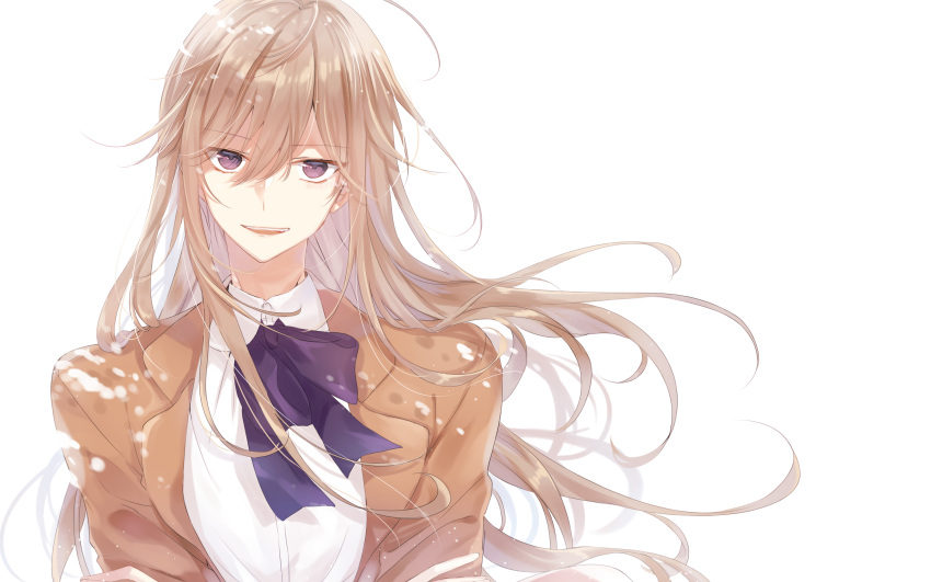 1boy absurdres blonde_hair coat crossdressinging hakata_tonkotsu_ramens highres jne long_hair looking_at_viewer male_focus purple_legwear shirt simple_background solo trap violet_eyes white_shirt xianming_lin