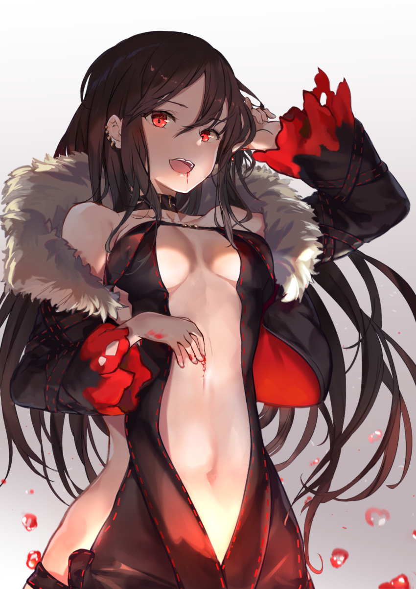 1girl arm_up black_dress black_jacket blood blood_from_mouth bloody_hands breasts brown_hair commentary_request consort_yu_(fate) cropped_jacket dress fate/grand_order fate_(series) fingernails fur-trimmed_jacket fur_trim glowing glowing_eyes gradient gradient_background grey_background highres jacket long_hair looking_at_viewer medium_breasts mosta_(lo1777789) navel open_clothes open_jacket open_mouth red_eyes solo torn_clothes torn_sleeves very_long_hair white_background wide_sleeves