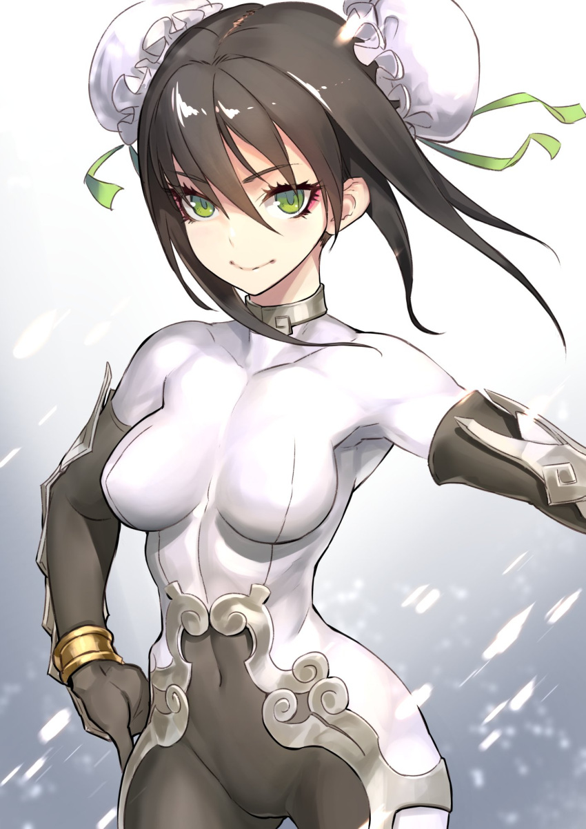 1girl bodysuit breasts brown_hair bun_cover closed_mouth covered_navel cowboy_shot double_bun eyebrows_visible_through_hair eyeliner fate/grand_order fate_(series) green_eyes hair_between_eyes hand_on_hip highres looking_at_viewer makeup medium_breasts ninnin_(shishitou) qin_liangyu_(fate) short_hair sidelocks simple_background smile solo vambraces