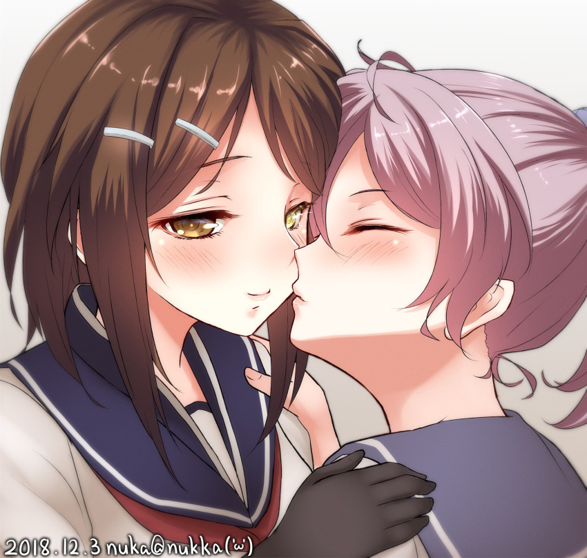 2girls aoba_(kantai_collection) black_gloves blue_sailor_collar brown_hair closed_eyes commentary_request furutaka_(kantai_collection) gloves glowing glowing_eye heterochromia highres imminent_kiss kantai_collection messy_hair multiple_girls neckerchief nuka_(nvkka) pink_hair ponytail purple_sailor_collar red_neckwear sailor_collar school_uniform scrunchie serafuku short_hair upper_body yellow_eyes yuri