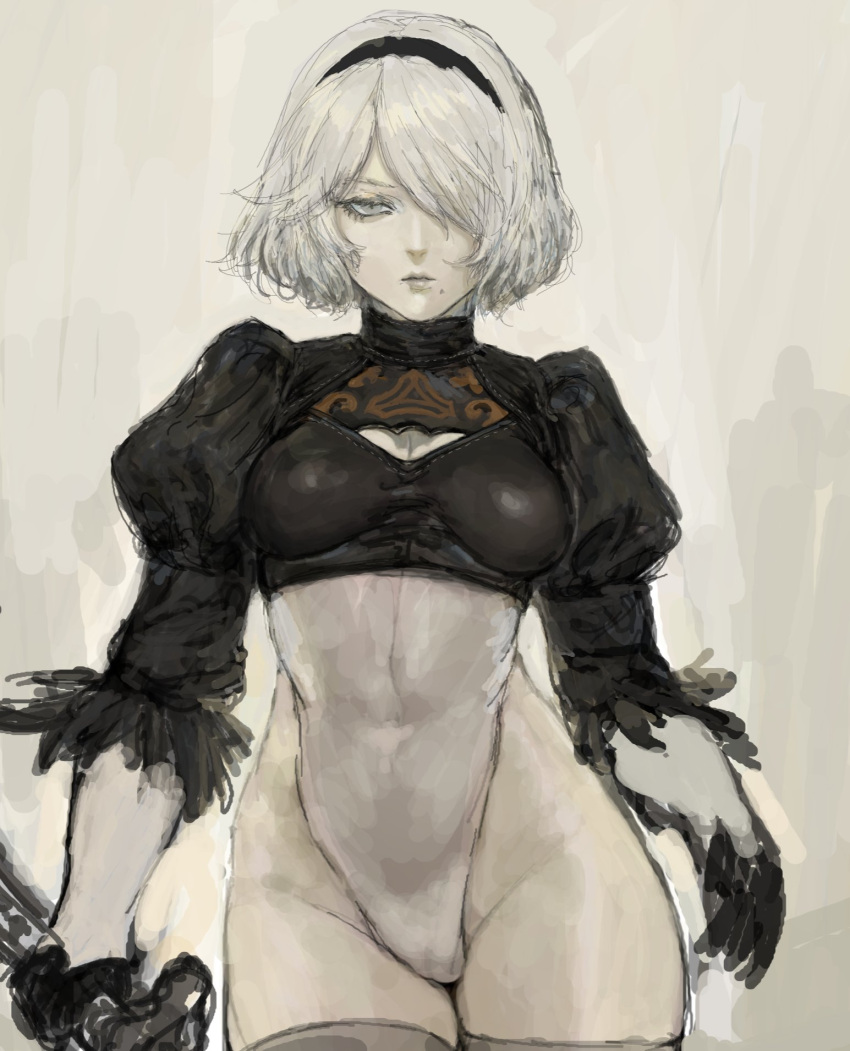 1girl android black_dress black_hairband breasts cleavage_cutout commentary_request dress facing_viewer feather-trimmed_sleeves gloves grey_eyes hairband highleg highleg_leotard highres juliet_sleeves katana leotard long_sleeves looking_at_viewer medium_breasts mole mole_under_mouth nier_(series) nier_automata puffy_sleeves silver_hair standing sword thigh-highs tyawantyawan356 vambraces weapon white_leotard yorha_no._2_type_b