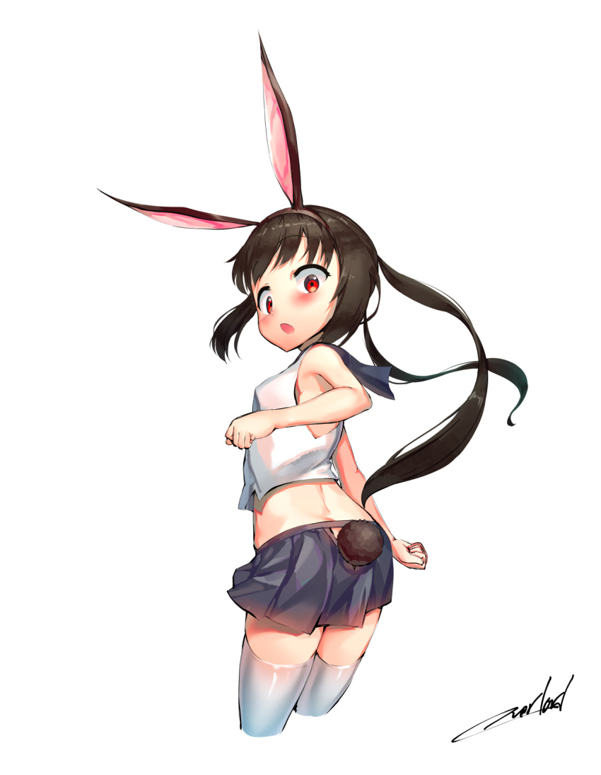 animal_ears armpits black_hair blue_skirt blush commentary_request fake_animal_ears from_behind highres long_hair looking_back midriff miniskirt open_mouth original overlord_(overlord80000) rabbit_ears red_eyes shirt signature simple_background skirt sleeveless sleeveless_shirt thigh-highs twintails white_background white_legwear white_shirt