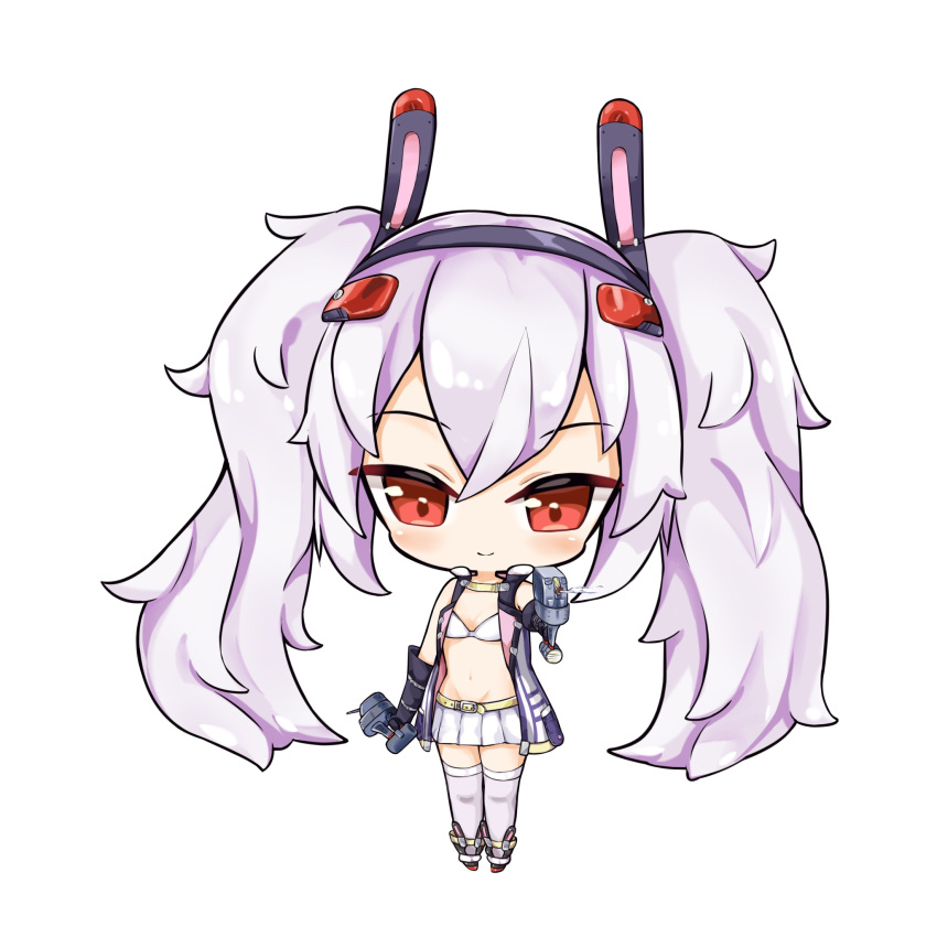1girl animal_ears azur_lane bangs bare_shoulders belt belt_buckle big_head bikini_top black_footwear black_gloves black_hairband blush buckle cannon chibi closed_mouth elbow_gloves eyebrows_visible_through_hair gloves hair_between_eyes hair_ornament hairband highres holding jacket laffey_(azur_lane) limitlimlim looking_at_viewer open_clothes open_jacket pleated_skirt rabbit_ears red_eyes remodel_(azur_lane) sidelocks silver_hair simple_background skirt sleeveless_jacket smile solo standing thigh-highs turret twintails white_background white_bikini_top white_jacket white_legwear white_skirt yellow_belt