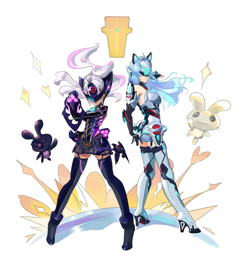 2girls android bare_shoulders blue_hair breasts chouhou_kyokuin cleavage cyborg dark_skin elbow_gloves expressionless forehead_protector gloves highres kos-mos kos-mos_re: leotard long_hair looking_at_viewer multiple_girls nintendo silver_hair standing t-elos t-elos_re thigh-highs very_long_hair white_leotard xenoblade_(series) xenoblade_2 xenosaga xenosaga_episode_iii