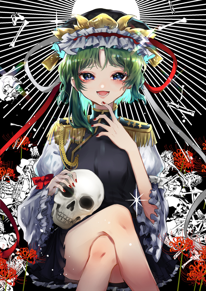 1girl :d aiguillette asymmetrical_hair black_background blue_eyes bone epaulettes finger_to_chin flower frilled_hat frilled_sleeves frills green_hair hat hat_ribbon highres holding_skull legs_crossed long_sleeves looking_at_viewer nail_polish open_mouth red_nails ribbon shiki_eiki short_hair sitting skeleton skull smile solo sparkle spider_lily suzune_hapinesu touhou wide_sleeves