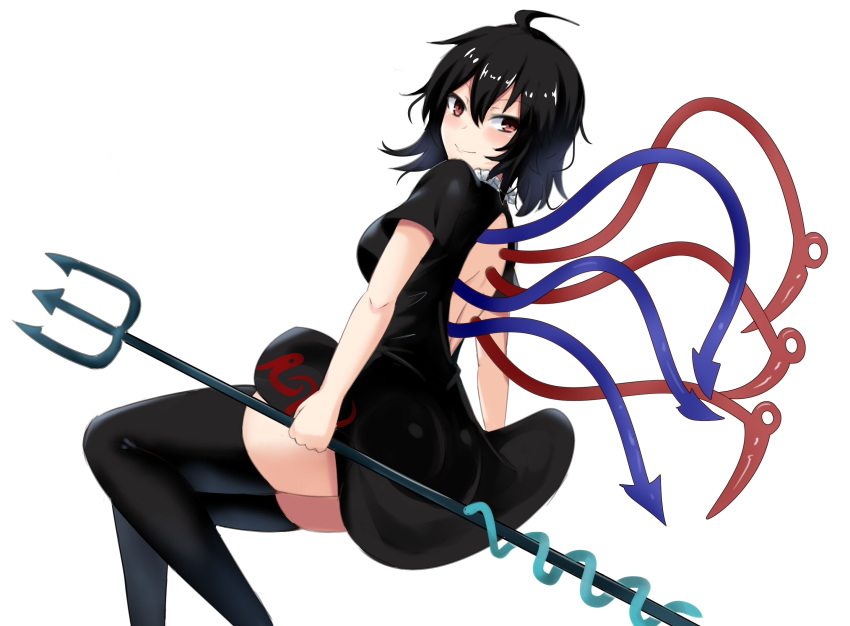 1girl ass asymmetrical_legwear back_cutout black_dress black_hair black_legwear blush dress from_side hair_between_eyes highres holding_polearm houjuu_nue looking_at_viewer looking_back medium_hair polearm red_eyes skindentation smile snake solo thigh-highs thighs touhou trident weapon wuwusan