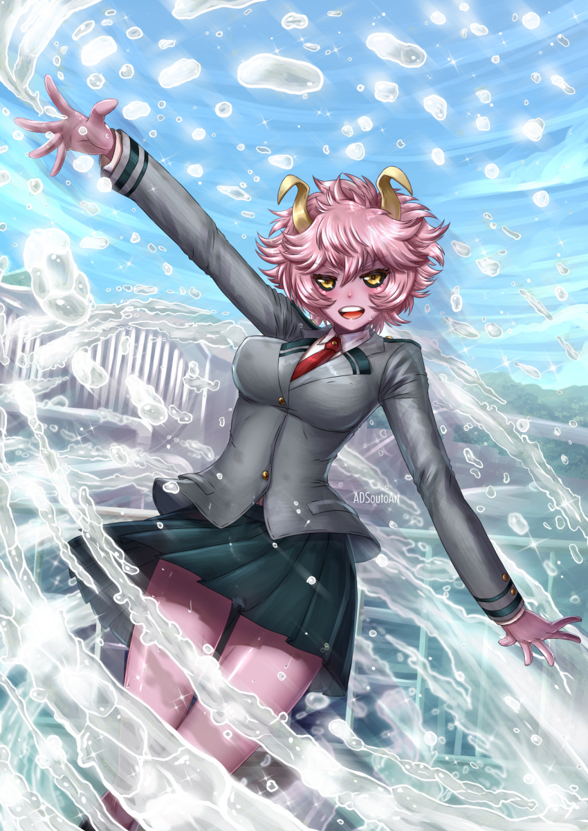 1girl adsouto arm_up artist_name ashido_mina bangs bare_legs black_sclera blazer blue_sky boku_no_hero_academia breasts buttons cowboy_shot day eyebrows_visible_through_hair hair_between_eyes highres horns jacket long_sleeves looking_at_viewer medium_breasts medium_hair miniskirt necktie open_mouth outdoors outstretched_arms purple_hair purple_skin school_uniform shirt skirt sky smile solo splashing spread_arms spread_fingers v-shaped_eyebrows water watermark wet yellow_eyes