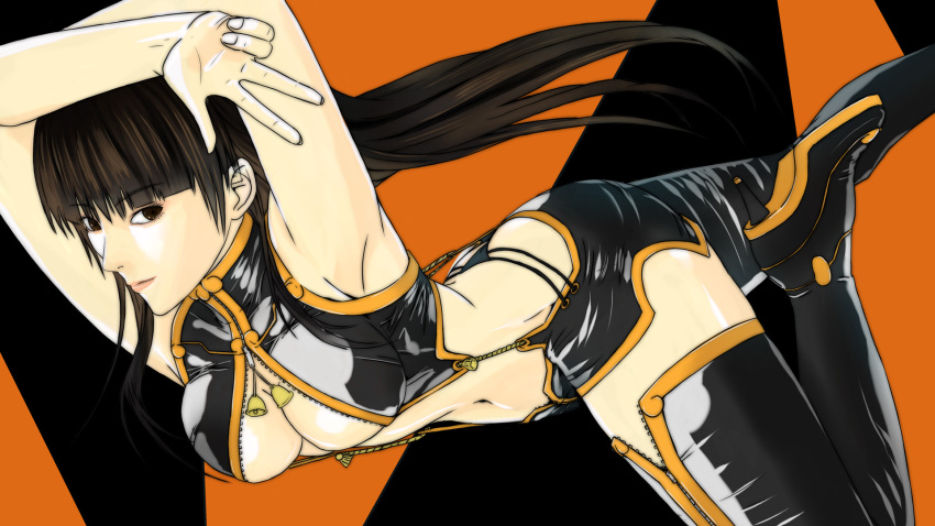 1girl armpits arms_up bell black_footwear black_hair breasts brown_eyes center_opening dead_or_alive eyebrows_visible_through_hair hair_down highres lei_fang long_hair medium_breasts navel revealing_clothes simple_background smile solo under_boob unzipped user_tggn7272 w zipper