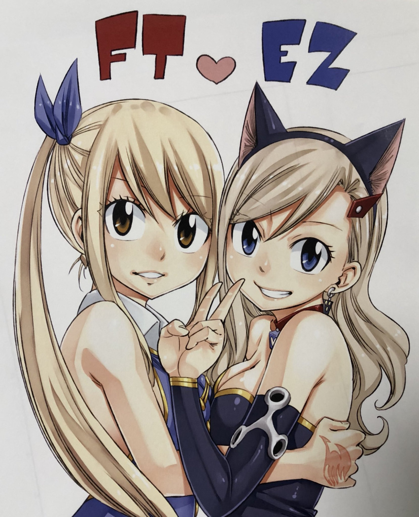 2girls animal_ears bangs black_hairband black_sleeves blonde_hair blue_bow blue_eyes blue_shirt bow breast_press breasts cat_ears cleavage collar copyright_name creator_connection detached_sleeves earrings eden's_zero eyebrows_visible_through_hair fairy_tail fake_animal_ears from_side grey_background grin hair_between_eyes hair_bow hair_ornament hairband hairclip heart highres jewelry long_hair long_sleeves looking_at_viewer lucy_heartfilia mashima_hiro medium_breasts multiple_girls official_art ponytail rebecca_(eden's_zero) shirt sketch sleeveless sleeveless_shirt smile swept_bangs symmetrical_docking tattoo upper_body v