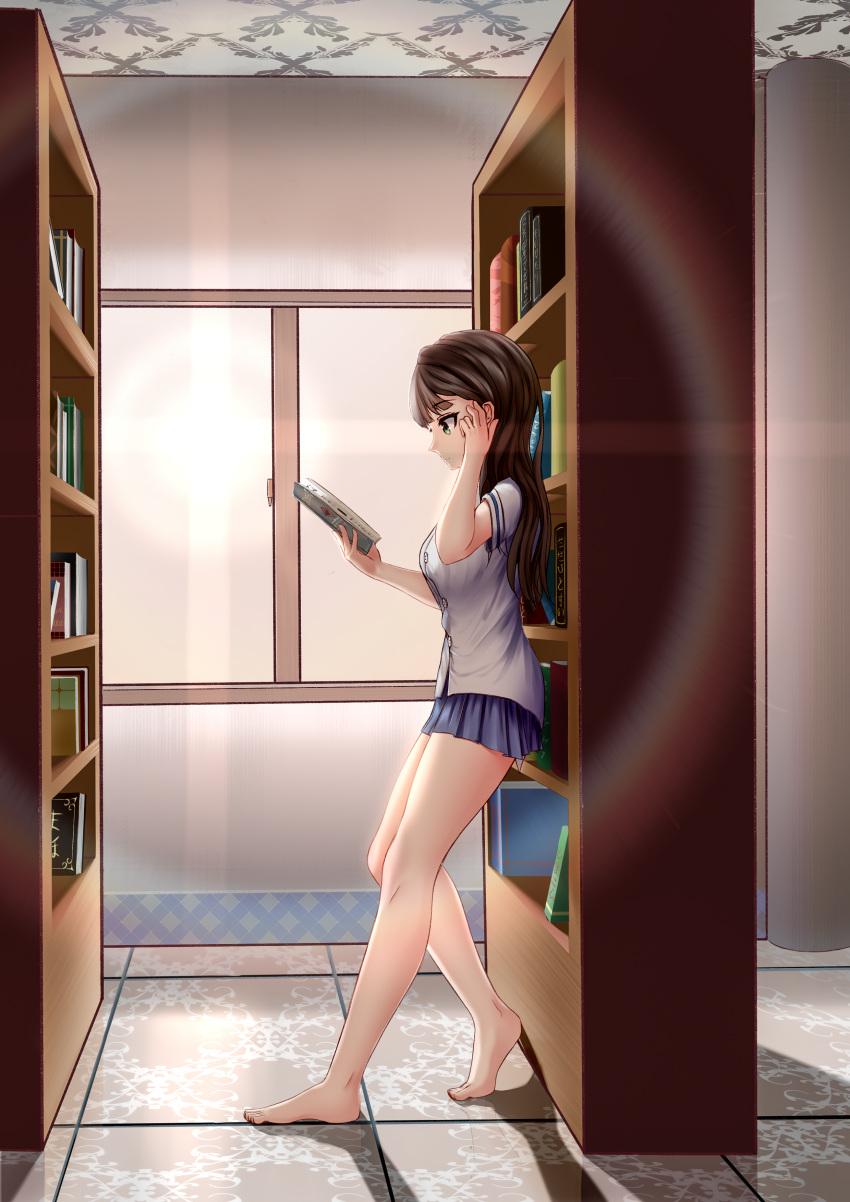 1girl absurdres bangs bare_legs barefoot blue_skirt book bookshelf breasts brown_hair folded_leg from_side full_body green_eyes grey_shirt hand_in_hair highres indoors leaning_on_object lens_flare library light_smile long_hair looking_down medium_breasts microskirt nearoul_kishi open_book original pleated_skirt profile reading school_uniform shirt short_sleeves skirt solo sun tile_floor tiles untucked_shirt window