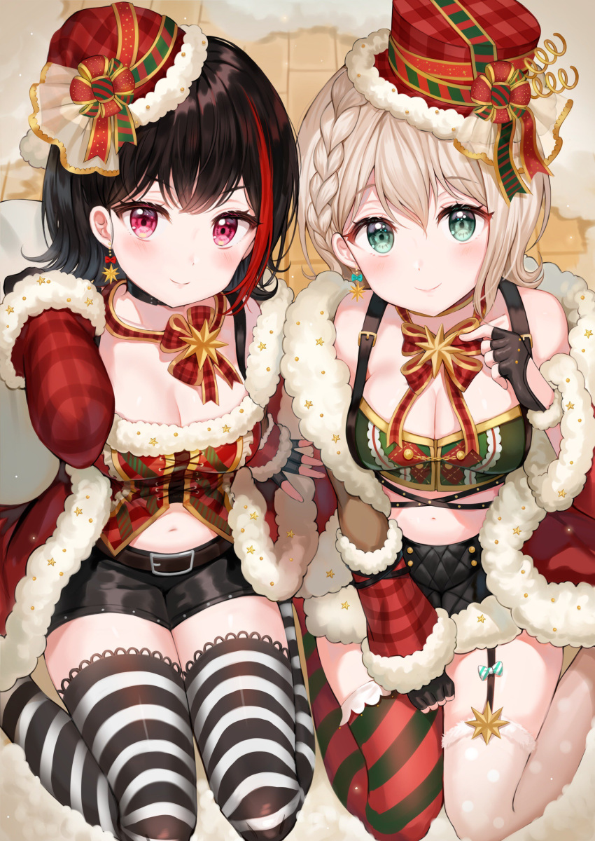 2girls absurdres aoba_moca aqua_eyes arm_support bang_dream! bangs bare_shoulders belt belt_buckle black_choker black_gloves black_hair black_legwear black_shorts blush bow bowtie braid breasts buckle choker christmas cleavage closed_mouth coat collarbone commentary crop_top cross-laced_clothes earrings eyebrows_visible_through_hair fingerless_gloves floor from_above fur-trimmed_coat fur_trim garter_straps gloves green_shirt hand_on_own_chest hand_up hat hat_ornament highres jewelry leg_garter long_sleeves looking_at_viewer medium_breasts midriff mitake_ran multicolored_hair multiple_girls navel off_shoulder plaid plaid_ribbon red_coat red_eyes red_hat red_legwear red_neckwear red_ribbon red_shirt redhead ribbon santa_hat shirt short_hair short_shorts shorts side-by-side single_thighhigh sitting smile stomach streaked_hair striped striped_legwear symbol_commentary thigh-highs thighs tokkyu_(user_mwwe3558) top_hat v-shaped_eyebrows wariza white_hair