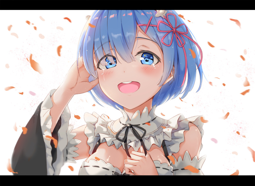1girl :d arms_up bangs blue_eyes blue_hair blush breasts cleavage collar commentary_request detached_collar detached_sleeves eyebrows_visible_through_hair eyes_visible_through_hair frilled_collar frills hair_between_eyes hair_ornament hairclip hand_in_hair hand_on_own_chest heartsix highres letterboxed looking_at_viewer medium_breasts open_mouth petals re:zero_kara_hajimeru_isekai_seikatsu rem_(re:zero) short_hair simple_background smile solo tears upper_body white_background wind