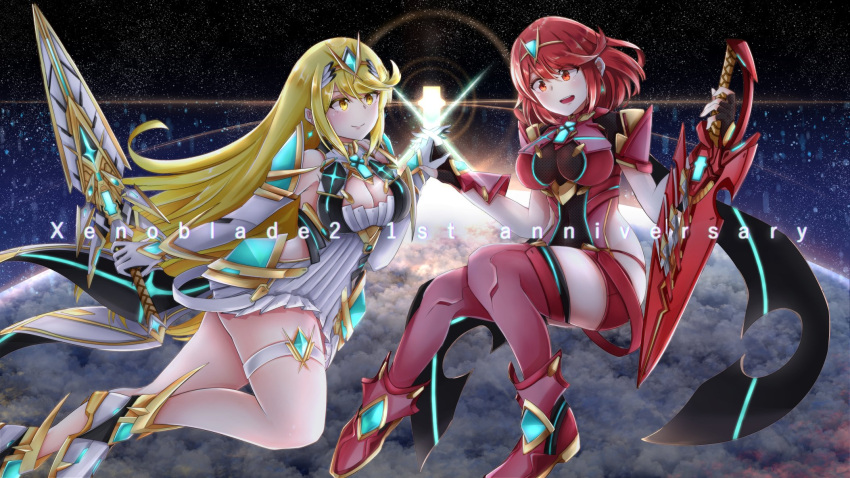 2girls armor blonde_hair blush breasts earrings hand_holding headpiece highres mythra_(xenoblade) holding holding_sword holding_weapon pyra_(xenoblade) jewelry large_breasts long_hair multiple_girls nintendo red_eyes redhead sarasadou_dan short_hair space stratosphere sword text_messaging thighs weapon xenoblade_(series) xenoblade_2 yellow_eyes