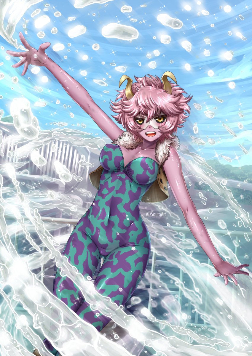 1girl adsouto arm_up artist_name ashido_mina bangs bare_arms bare_shoulders black_sclera blue_sky bodysuit boku_no_hero_academia breasts collarbone commentary covered_navel cowboy_shot day english_commentary erect_nipples eyebrows_visible_through_hair fur_collar gluteal_fold hair_between_eyes highres horns looking_at_viewer mask medium_breasts medium_hair open_clothes open_mouth open_vest outdoors outstretched_arms purple_hair purple_skin skin_tight sky smile solo splashing spread_arms spread_fingers upper_body v-shaped_eyebrows vest water watermark wet yellow_eyes