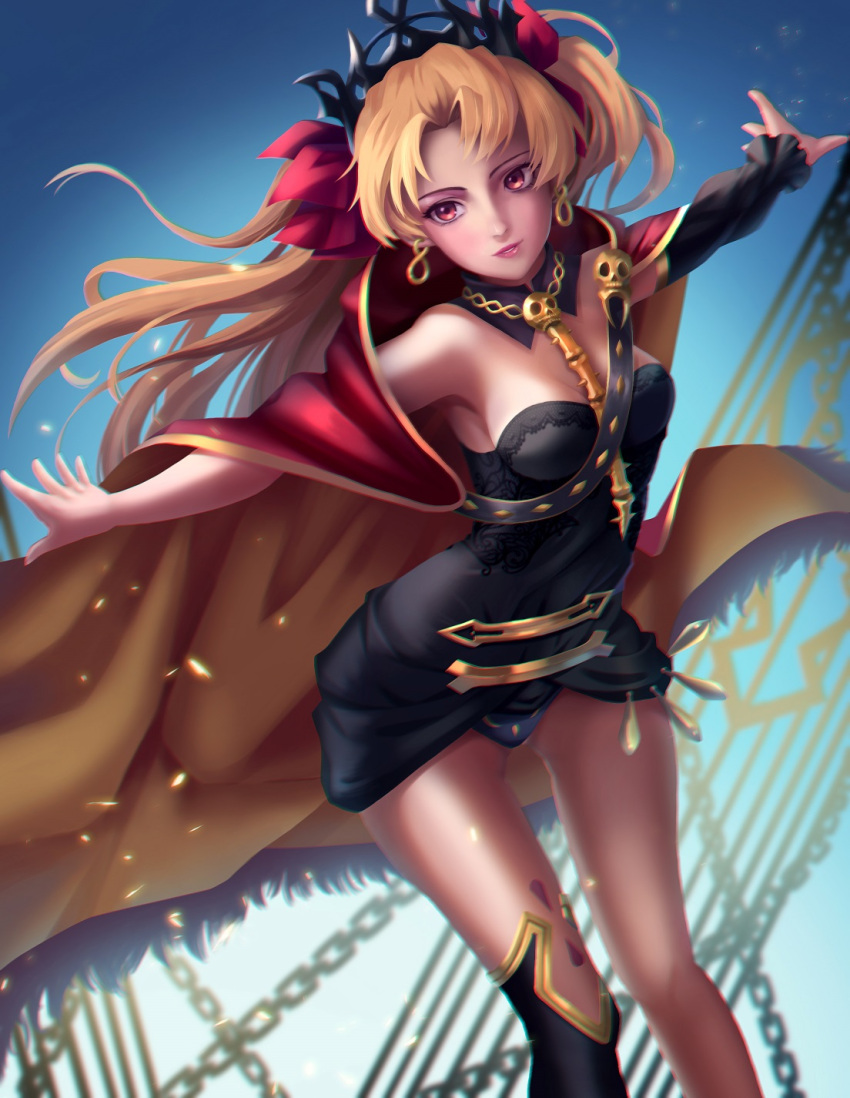 1girl armpits asymmetrical_legwear asymmetrical_sleeves bangs bare_shoulders black_dress black_legwear blonde_hair bow breasts cape chains dress dutch_angle earrings ereshkigal_(fate/grand_order) fate/grand_order fate_(series) frilled_cape fur-trimmed_cape fur_trim gluteal_fold gold_trim hair_bow highres infinity jewelry long_hair looking_to_the_side multicolored multicolored_cape multicolored_clothes nai_zi outstretched_arms parted_bangs red_bow red_cape red_eyes single_sleeve single_thighhigh skull sky small_breasts smile solo spine standing thigh-highs tiara two_side_up yellow_cape