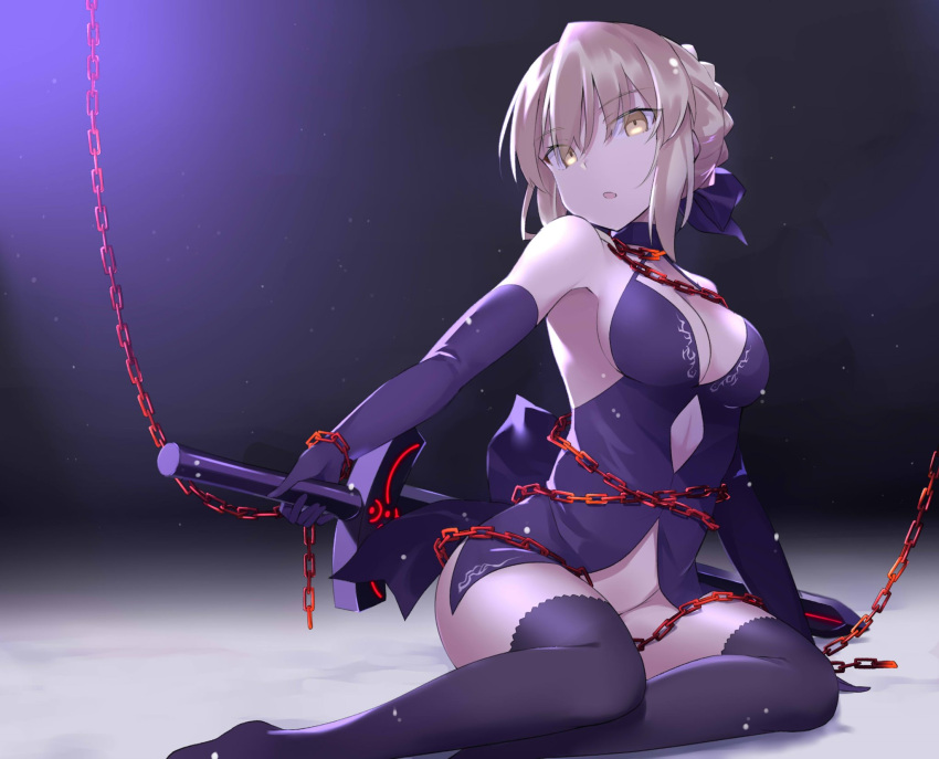 100 1girl arm_support armpits artoria_pendragon_(all) bangs bare_shoulders black_background black_dress black_gloves black_legwear blonde_hair blue_bow bow braid breasts chains cleavage commentary_request dark_excalibur dress elbow_gloves eyebrows_visible_through_hair fate/grand_order fate_(series) gloves hair_bow head_tilt highres holding holding_sword holding_weapon light_particles looking_at_viewer medium_breasts negative_space no_panties no_shoes parted_lips saber_alter short_dress short_hair sideboob sidelocks sitting solo sword thigh-highs weapon yellow_eyes yokozuwari
