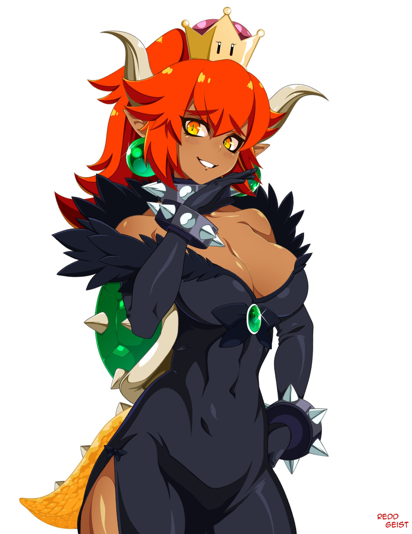 1girl absurdres black_dress black_nails blush bowsette bracelet breasts bright_pupils cleavage collar covered_navel cowboy_shot crown dark_skin dress earrings eyebrows_visible_through_hair gem glint hair_between_eyes hand_up highres horns jewelry large_breasts lizard_tail looking_at_viewer super_mario_bros. nail_polish new_super_mario_bros._u_deluxe nintendo orange_eyes pointy_ears ponytail reddgeist redhead shell signature simple_background slit_pupils smile solo spiked_armlet spiked_bracelet spiked_collar spiked_shell spiked_tail spikes super_crown tail turtle_shell white_background
