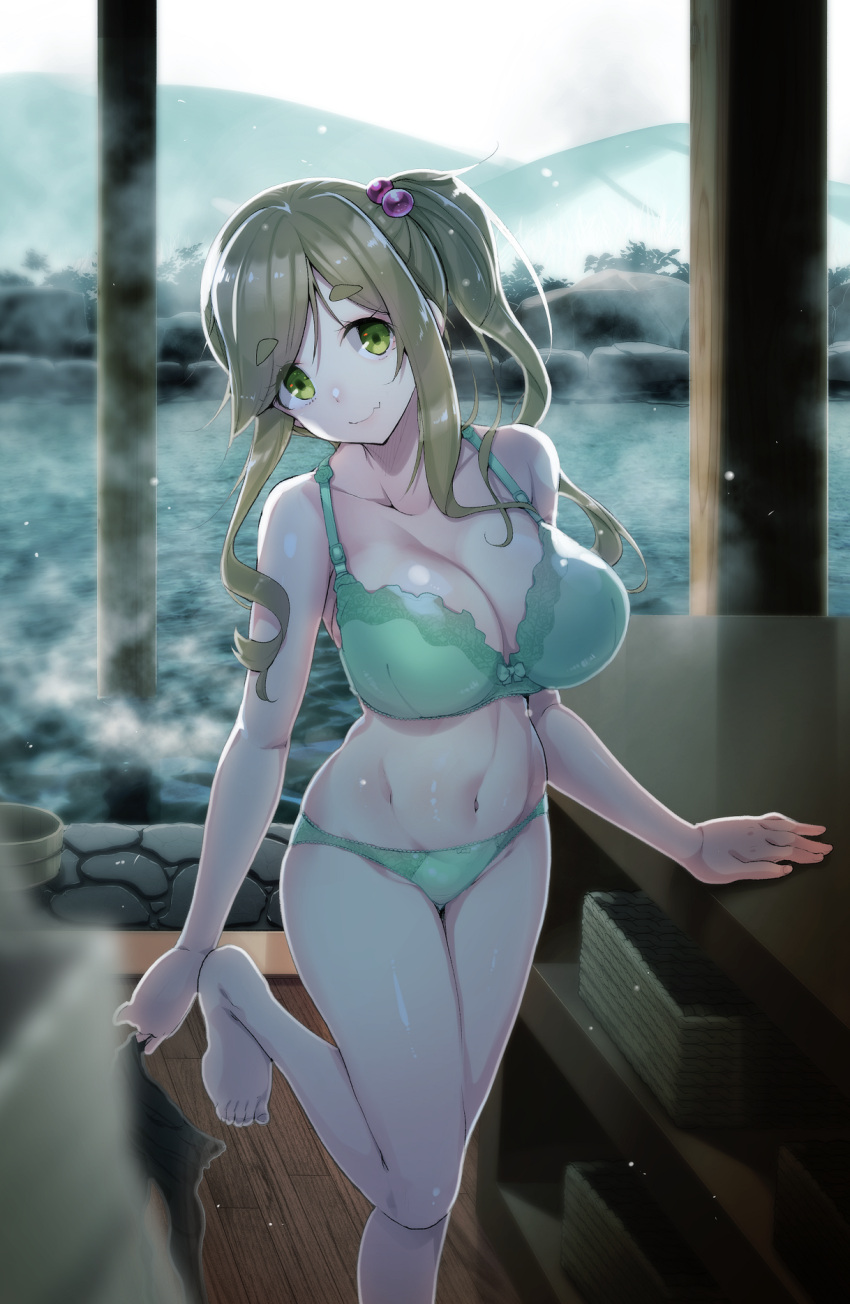 1girl akahito arm_support bangs basket blurry blush bow bow_panties bra breasts depth_of_field eyebrows_visible_through_hair fang fang_out frilled_bra frilled_panties frills green_bra green_eyes green_panties hair_bobbles hair_ornament head_tilt highres inuyama_aoi large_breasts looking_at_viewer navel onsen panties pantyhose rock scrunchie side_ponytail snow standing standing_on_one_leg steam stomach swept_bangs thick_eyebrows thighs underwear underwear_only undressing water wooden_floor yurucamp