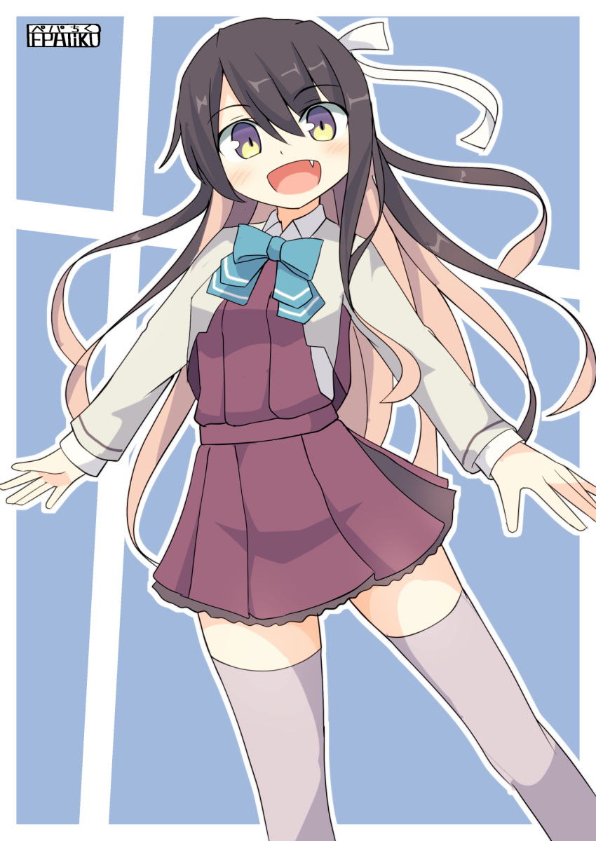 1girl :d artist_logo black_hair blue_background blue_neckwear bow bowtie dress eyebrows_visible_through_hair fang grey_legwear hair_ribbon highres jacket kantai_collection long_hair long_sleeves multicolored_hair naganami_(kantai_collection) open_mouth pepatiku pink_hair remodel_(kantai_collection) ribbon shirt sleeveless sleeveless_dress smile solo thigh-highs two-tone_hair wavy_hair white_jacket white_ribbon white_shirt yellow_eyes