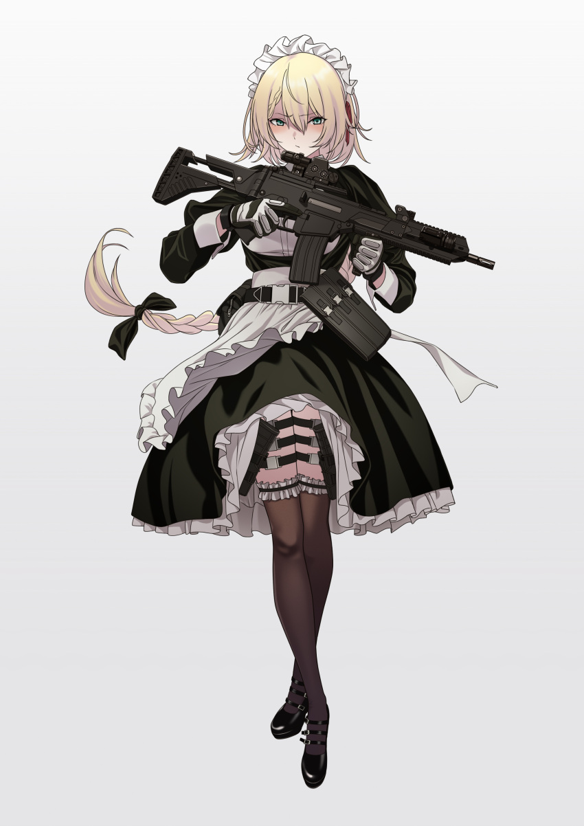 absurdres apron assault_rifle blonde_hair bow braid character_request commentary frills full_body girls_frontline gloves gradient gradient_background green_eyes gun hair_bow highres holding holding_gun holding_weapon maid maid_apron maid_headdress rifle thigh-highs trigger_discipline weapon weapon_request yitiao_er-hua